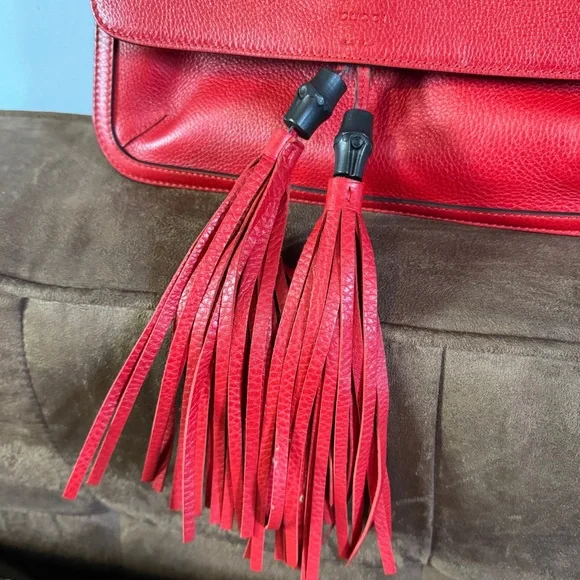 Gucci Women's Bamboo Daily Red Leather Flap Shoulder Bag - Picture 7 of 16
